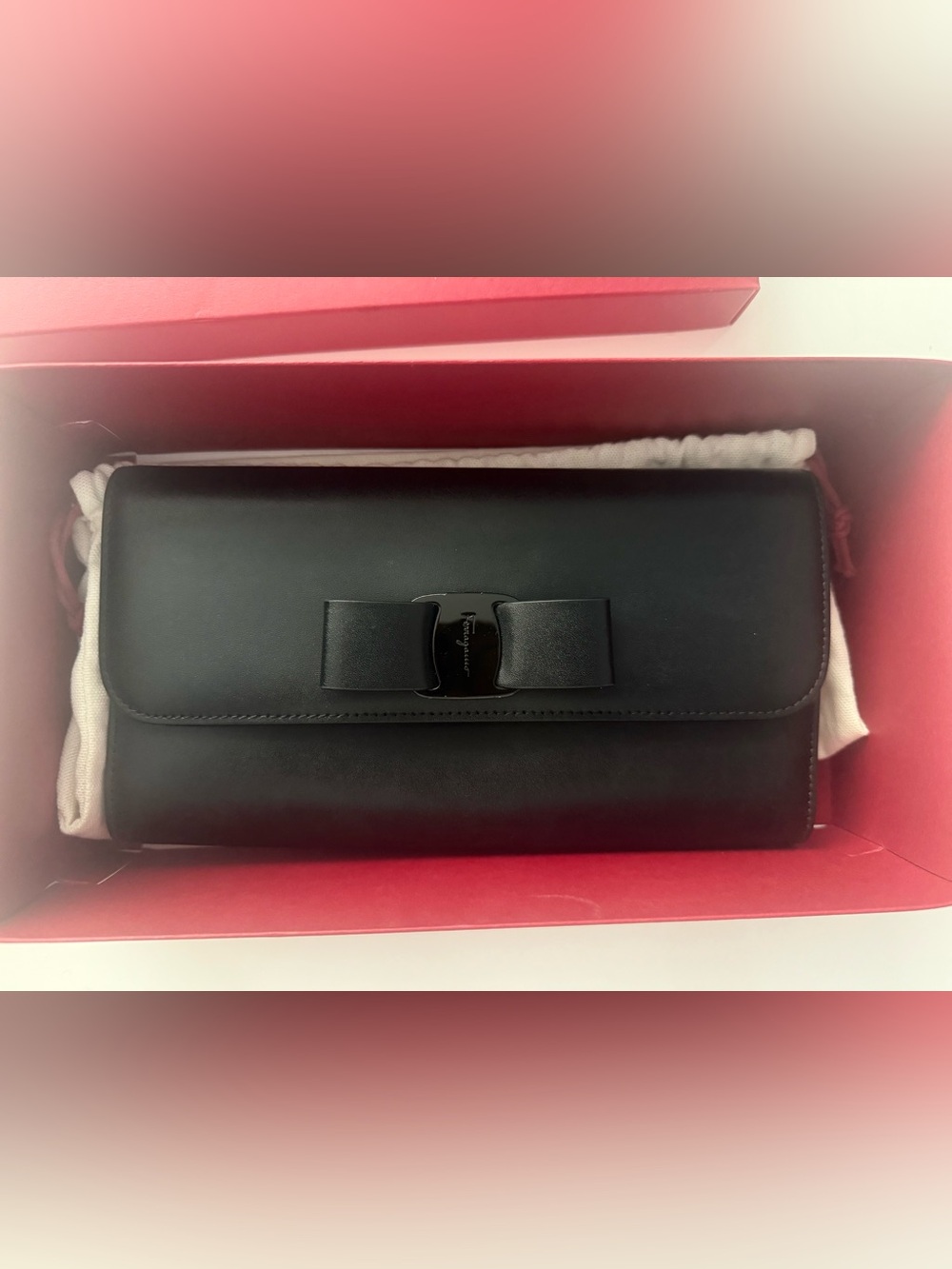 Salvatore Ferragamo Black Leather Bow Clutch/wallet on chain